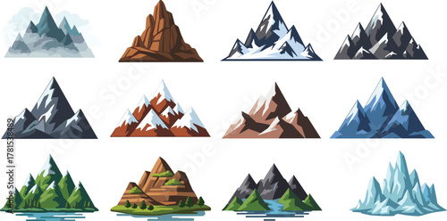 Stylized mountain illustrations, various terrains, snow peaks, rocky cliffs, forested slopes, icy ridges, nature design, geology art, isolated, scenic