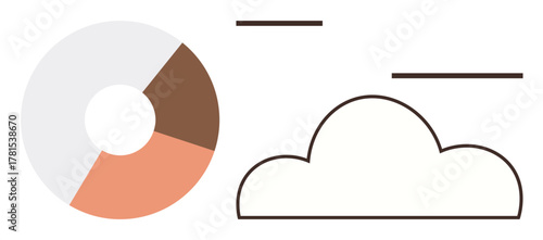 Pie chart with segmented sections beside a cloud icon and lines. Ideal for data management, analytics, cloud computing, information sharing, business intelligence, technology innovation, simple flat