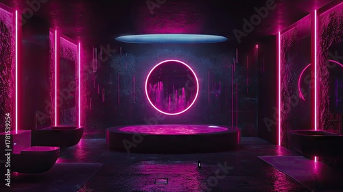Futuristic,  neon-lit,  modern  bathroom  interior  design  with  circular  mirror.