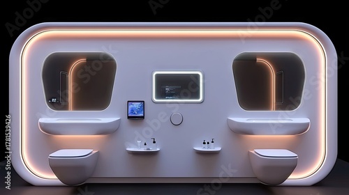Futuristic, integrated wall-mounted bathroom unit design.