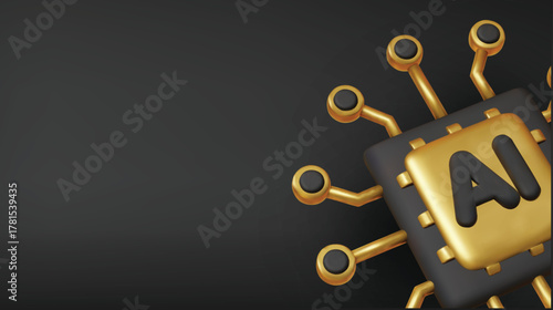 3D illustration of a golden AI processor chip. Ideal for modern computing, advanced technology, robotics, or neural network concepts