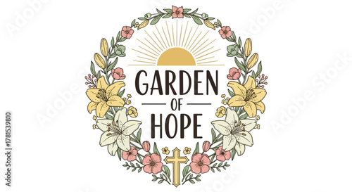 Illustration of a floral wreath with cross and sunburst design and hope message