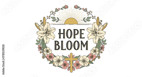 Inspiring Hope Bloom emblem with floral wreath and sunrise imagery