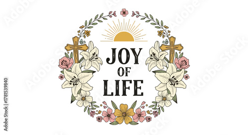 joy of life wreath with cross and flowers, spiritual nature design aesthetic