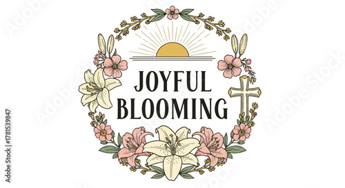 Illustration depicting a joyful blooming floral wreath with a golden cross