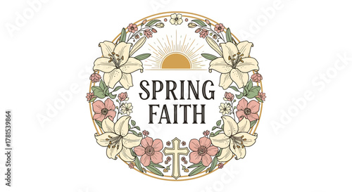 Elegant Floral Wreath Design with Sunrise Symbol and Religious Cross