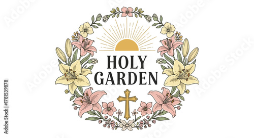 Holy Garden Christian wreath with sun and cross design element logo