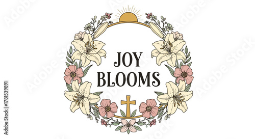 floral wreath with inspiring text and cross delicate pastel botanical