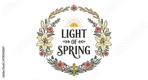 floral wreath with spring message and christian cross