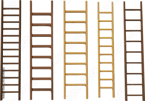 Wooden ladder illustration, different rung spacing, ladder design, vertical structure, brown wood, construction tool, vector art, realistic style, comparison, set