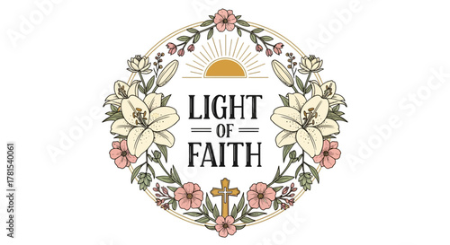 Inspirational floral wreath with "Light of Faith" text and cross motif
