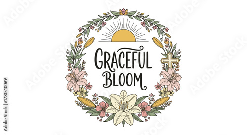 Graceful Bloom: Floral Wreath with Sunrise and Cross for Spiritual Growth