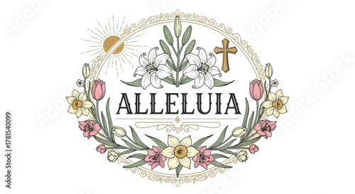 Elegant Easter "Alleluia" floral wreath with Christian symbology on white