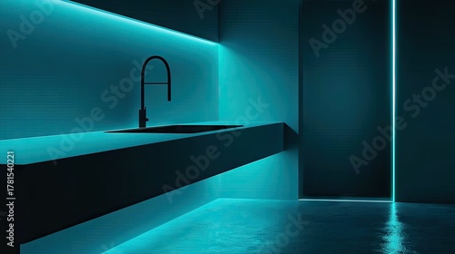 Modern kitchen design illuminated with vibrant turquoise lights.