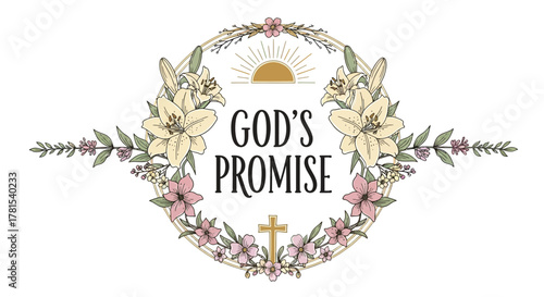 Floral wreath with 'God's Promise' inscription and Christian cross symbol