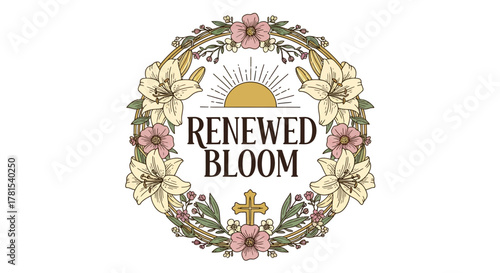 Renewed Bloom Floral Wreath with Sunrise and Cross Symbolism for a Fresh Start