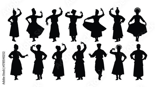 Classical indian dance silhouettes collection isolated on white background, Vector