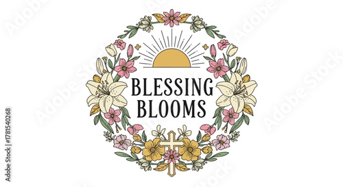 Aesthetic Floral Wreath Design with Sun and Cross Motif for Blessings