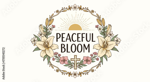 peaceful bloom illustration with floral wreath and religious cross