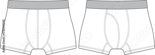 Men's boxer briefs technical sketch, front view, fly opening, contour pouch, fashion flat, underwear design