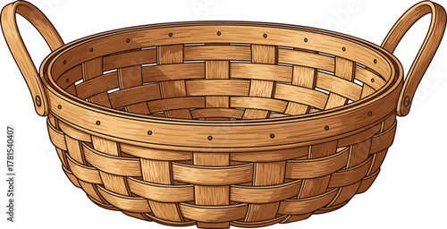 Woven basket illustration, wicker texture, wooden strips, household item, empty basket, vector art, storage container, traditional design, handles, realistic