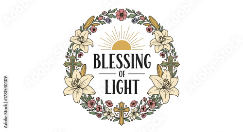 floral wreath with crosses and spiritual text on a white background
