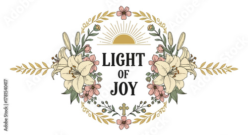 Inspiring Floral Wreath Design with Radiant Sunrise and Christian Cross Element