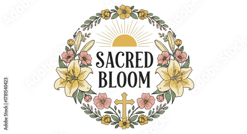 Elegant floral wreath design with sacred bloom text and religious cross