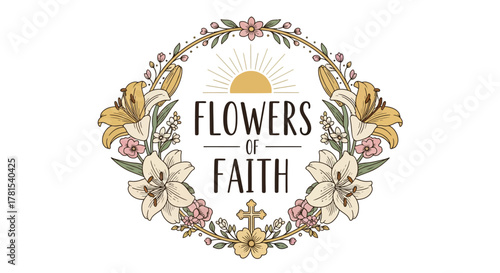 floral wreath with inspiring words and religious symbols on white background