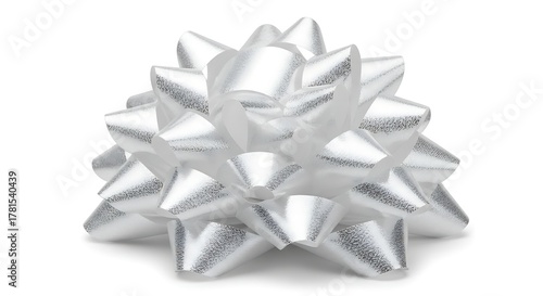 A shiny silver pull bow with many pointed petals arranged in a circular fashion.