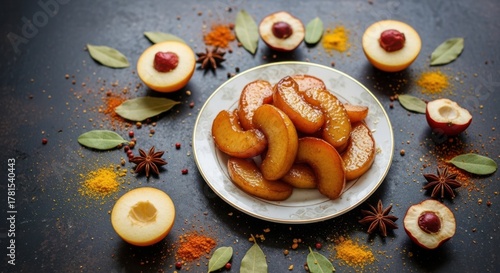 Sweet baked peaches with spices and star anise on a dark surface. Delicious caramelized peaches on a plate made with spices and bay leaves