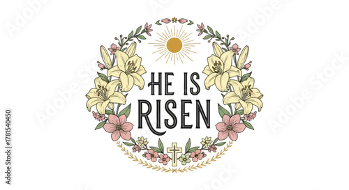 Floral wreath design with religious text and symbolic elements