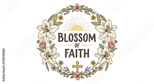 Floral wreath design with text blossom of faith and a christian cross