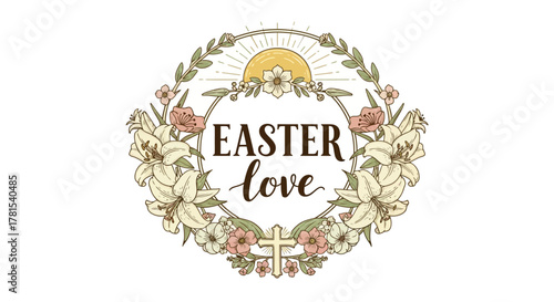Rustic floral wreath with spring blooms celebrating easter love
