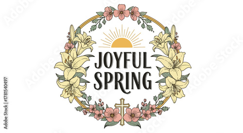 joyful spring floral wreath with cross and sunrise a vibrant design