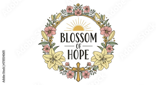Floral wreath with 'Blossom of Hope' text and a religious cross
