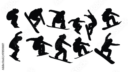 Snowboarder silhouettes collection isolated on white background, Vector