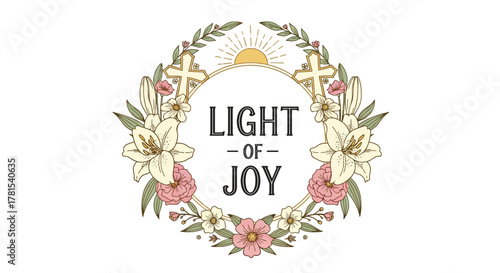 Joyful Floral Wreath with Crosses and Sunburst, Hand-drawn Christian Emblem
