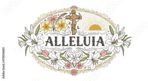 Decorative Alleluia with floral elements, cross, and sunrise illustration