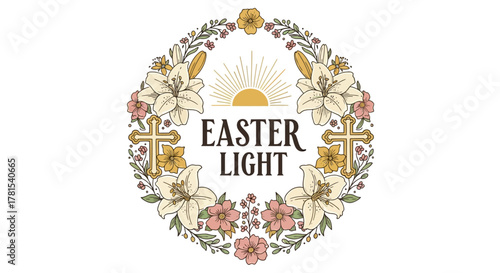floral wreath with golden crosses lilies and sun for easter celebration