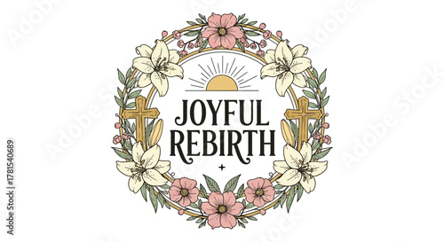 joyful rebirth wreath design with crosses and floral elements for celebration
