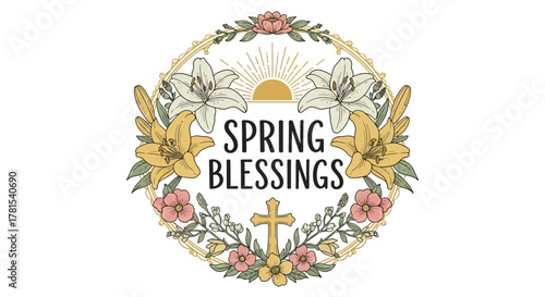 Spring Blessings Decorative Frame with Floral Elements and Christian Cross