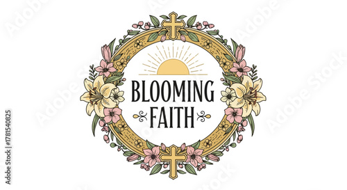 Decorative floral frame with blooming faith text and subtle crosses design