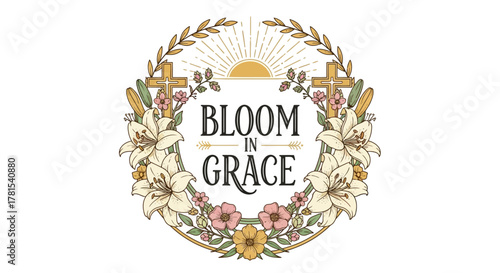 Inspiring circular floral wreath with bloom in grace text and crosses