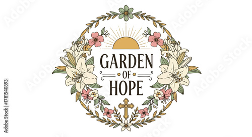 A floral wreath with a sunrise and a cross symbol of hope