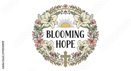 Inspiring circular floral wreath design with 'Blooming Hope' text and