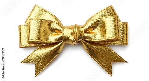 A shiny golden bow made of ribbon, isolated on a white background, perfect for gift wrapping.