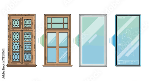 Window evolution showcasing old to modern smart technology and design, illustrating the progression of architecture and home improvement over time