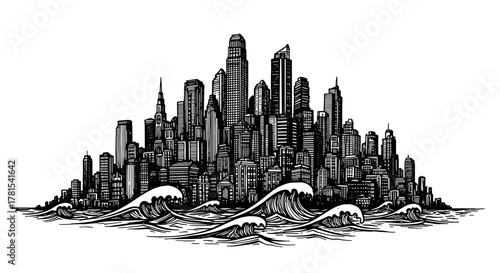 Dramatic cityscape meets powerful ocean waves in a striking black and white skyline, perfect for conveying strength and urban resilience with coastal flair