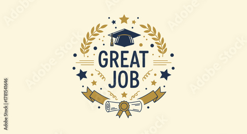 Inspiring achievement badge with graduate cap and certificate illustration